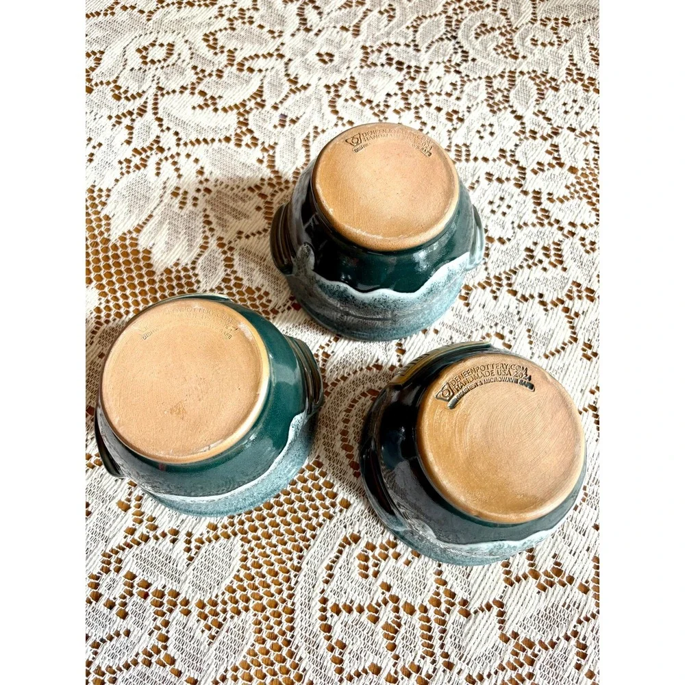 Deneen‎ Pottery Set of 3 Teal Glaze Handcrafted Stoneware Soup Bowls 2024 USA